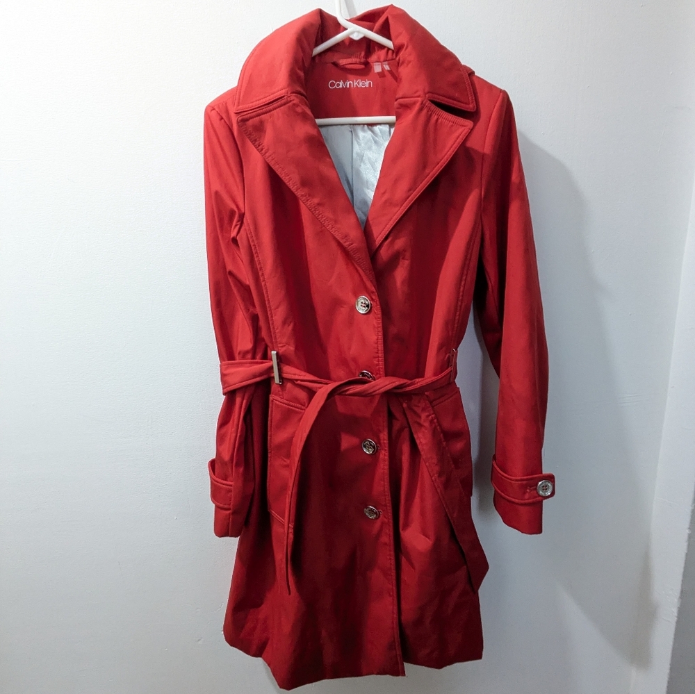 Calvin Klein Belted Hooded Red Lined Trench Coat Womens Large
